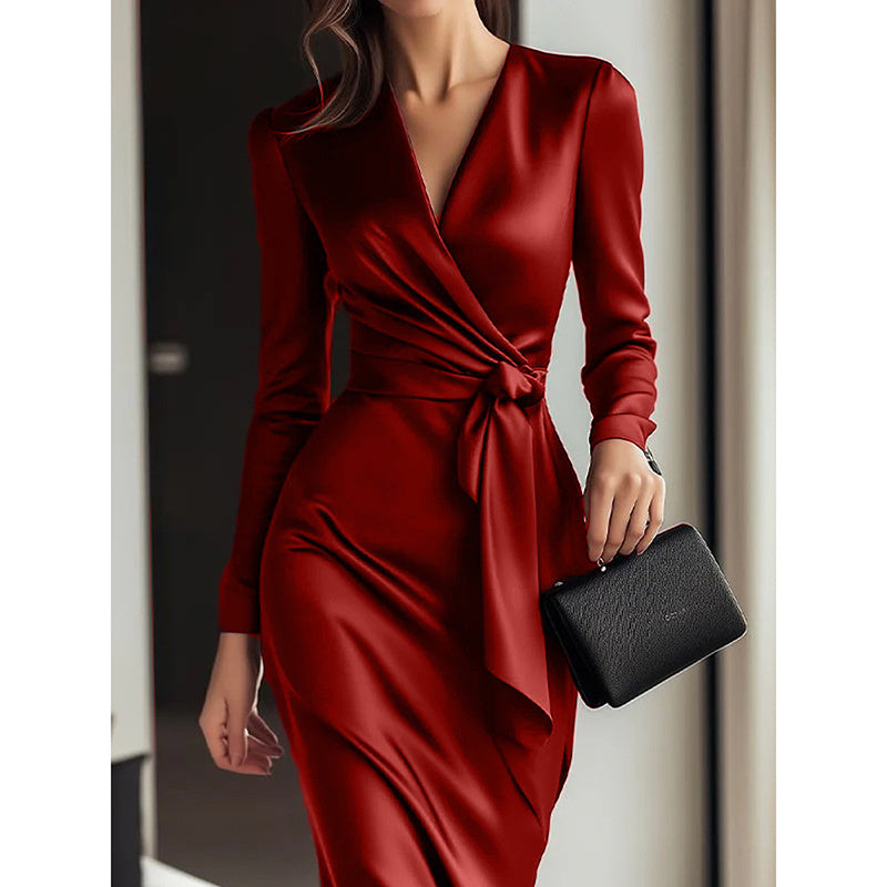 V-Neck Long Sleeve Bodycon Dress with Belted Waist