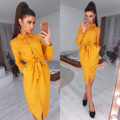 Lapel single-breasted belt knee dress