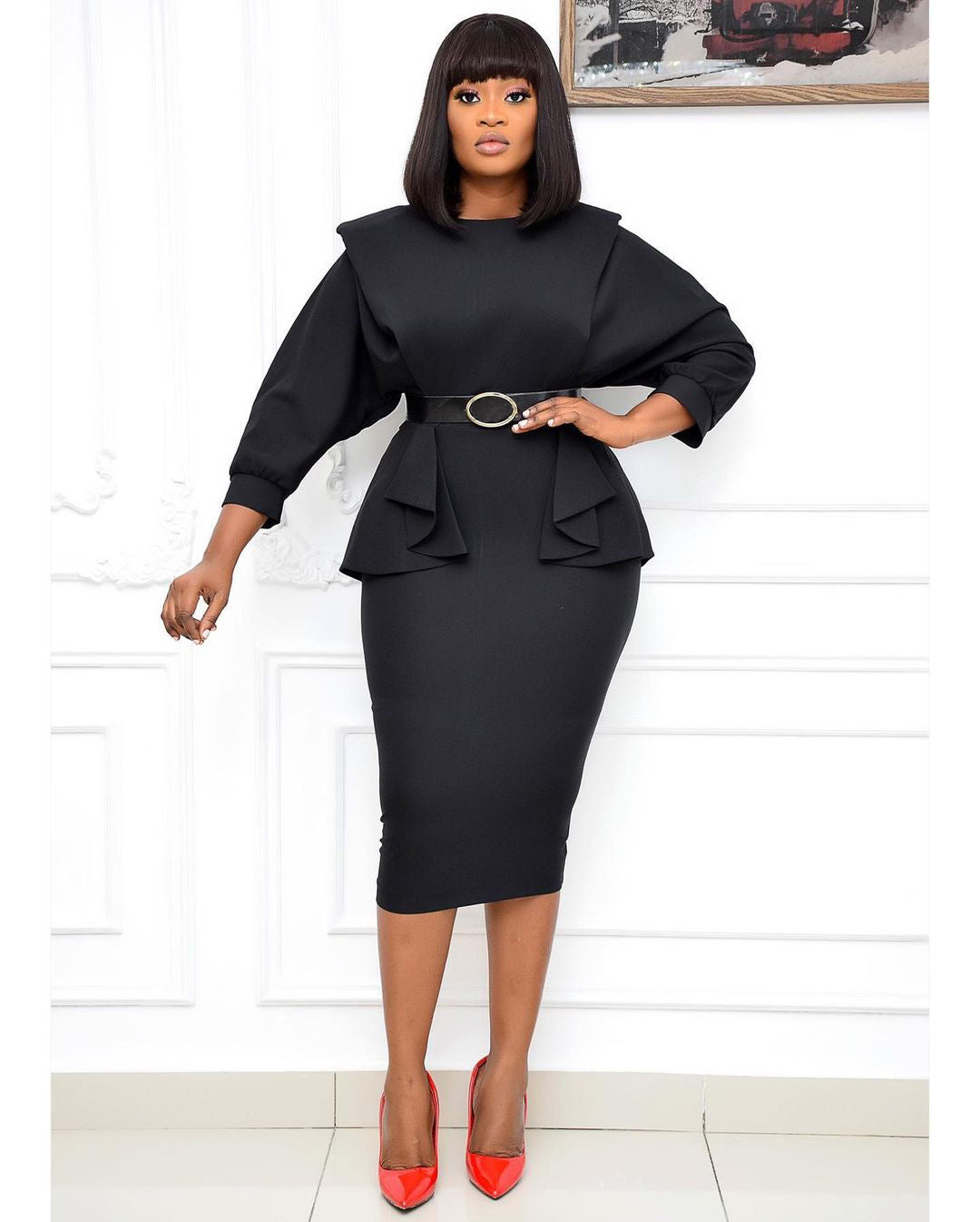 Mid-length solid color high waist dress
