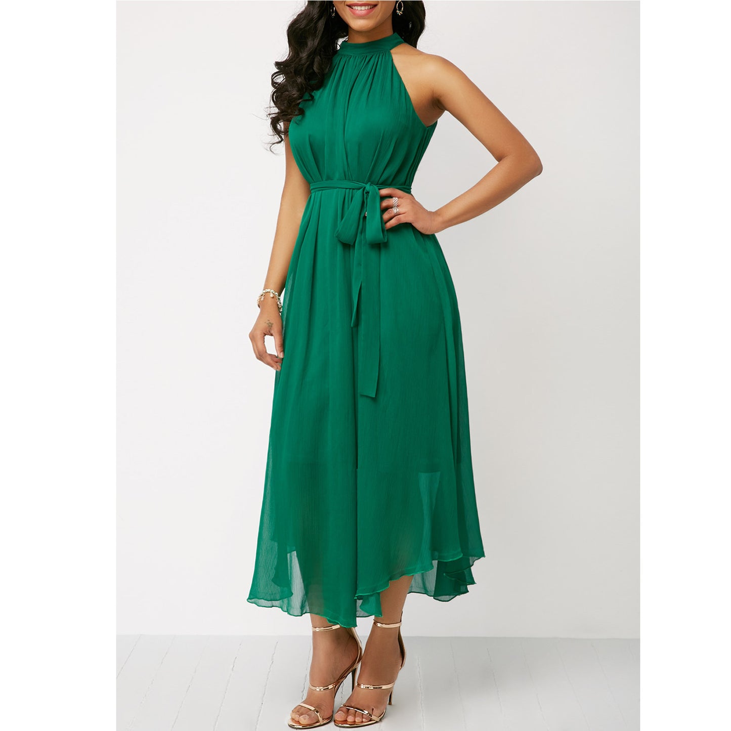 Halt Neck Off Shoulder Chiffon Pleated Dress