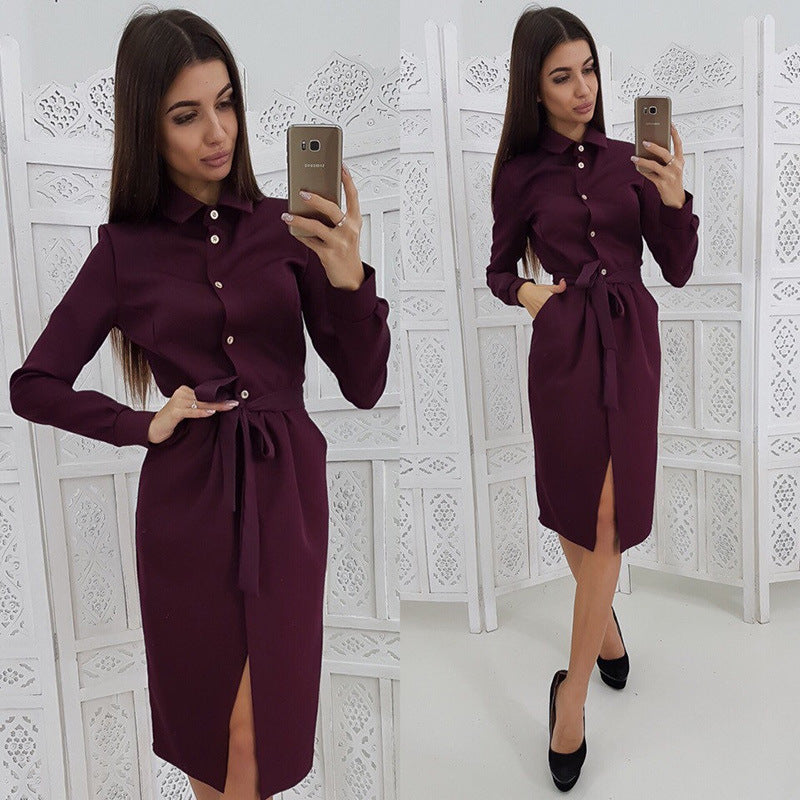 Lapel single-breasted belt knee dress