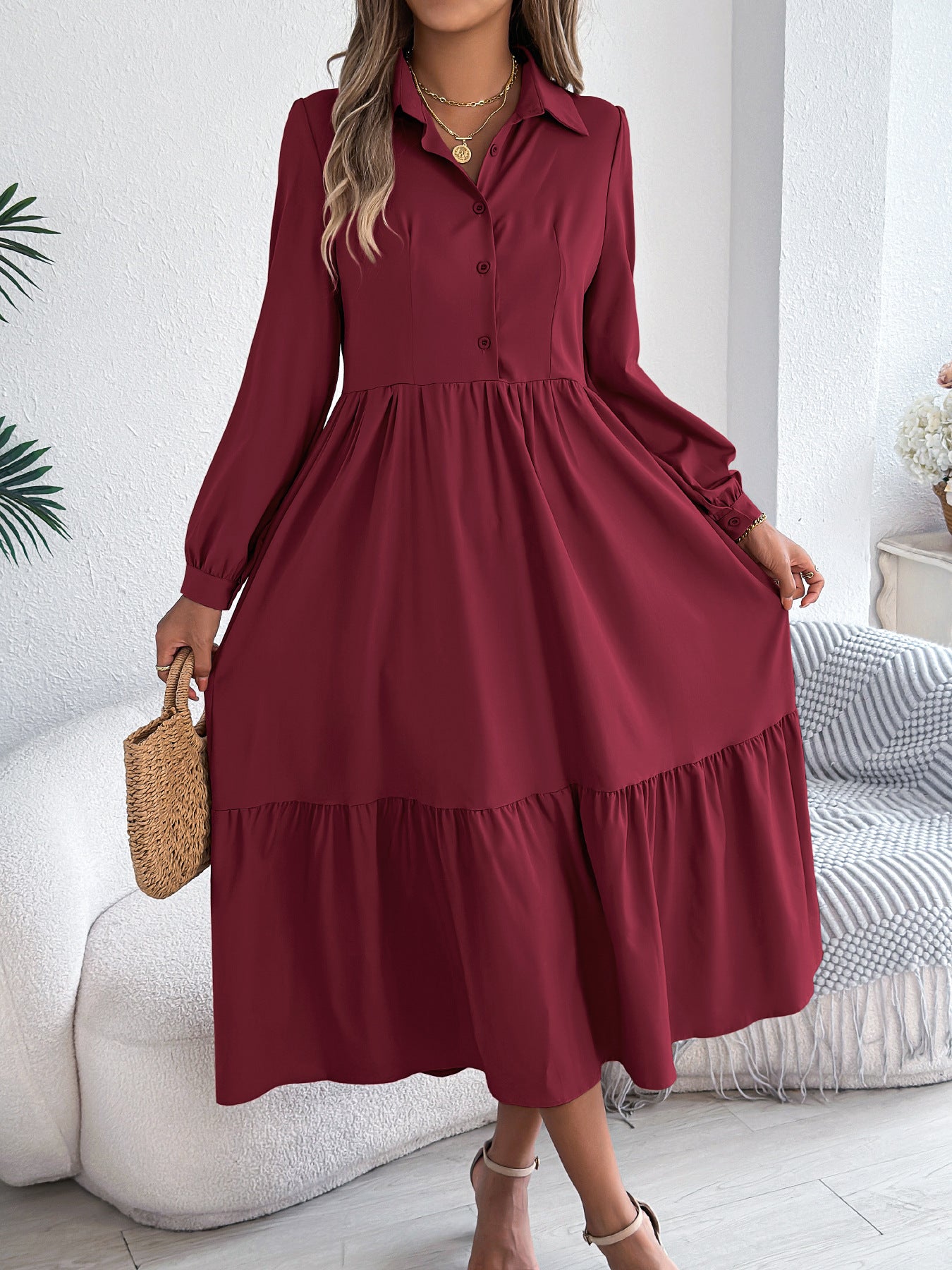 Women's Lapel Casual Loose Long Sleeve Ruffled Shirt Dress