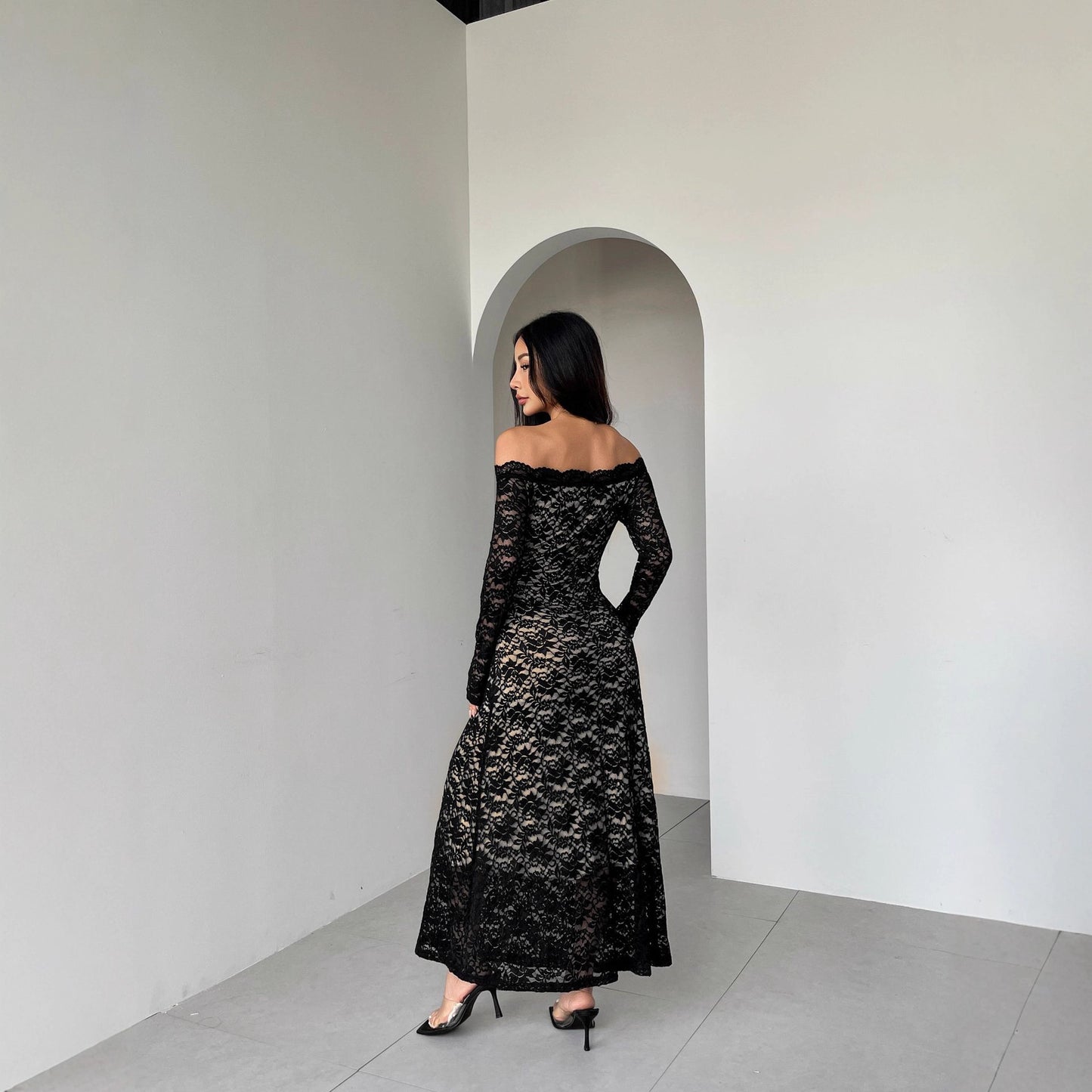 Slim-fit Long Dress With Off-neck Collar