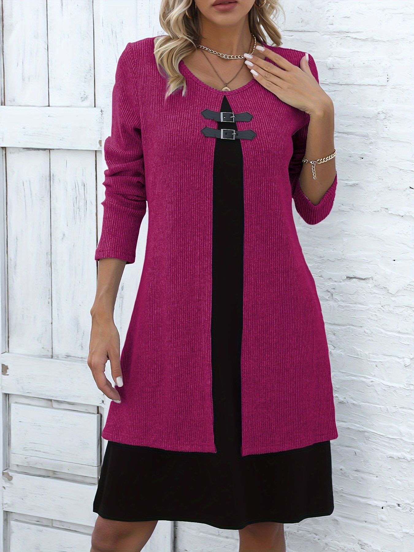Contrast-color Sweater Dress With Buckle Design