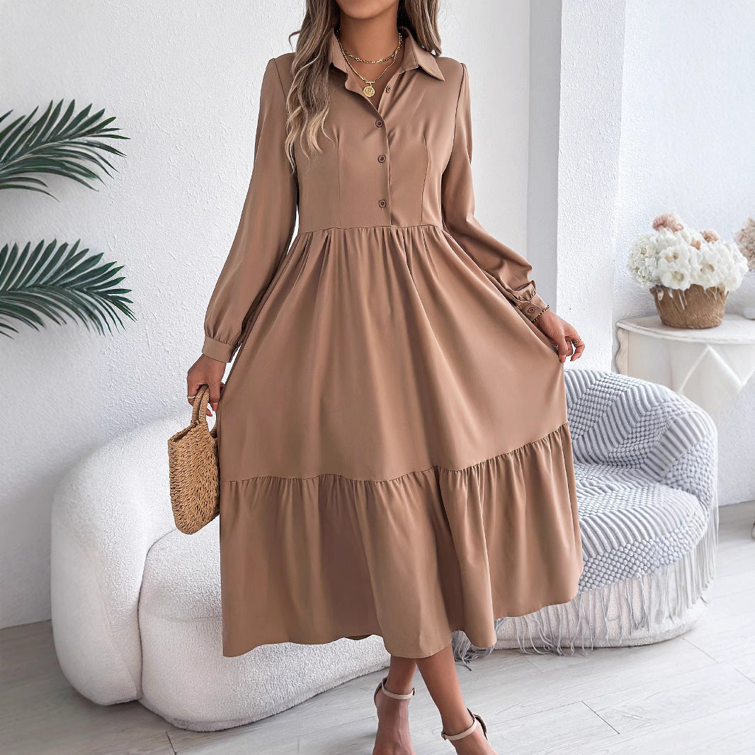 Women's Lapel Casual Loose Long Sleeve Ruffled Shirt Dress