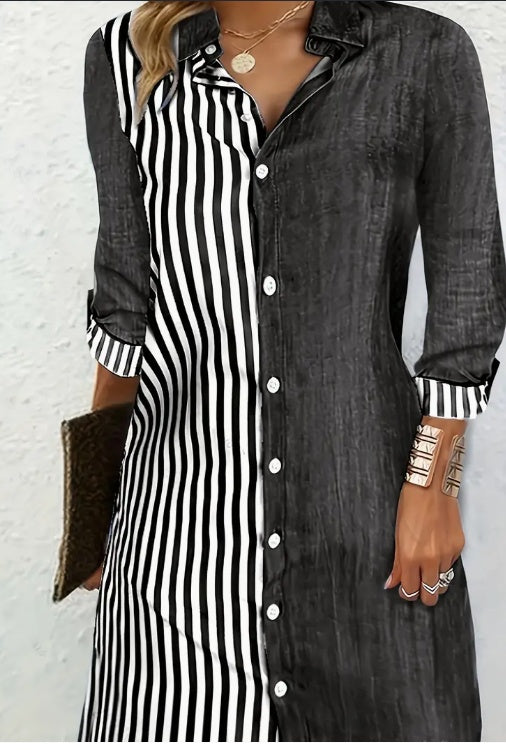 Stylish Striped Print Color Block Shirt Dress