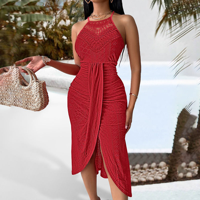 Halter Neck Ruche Bodycon Midi Dress