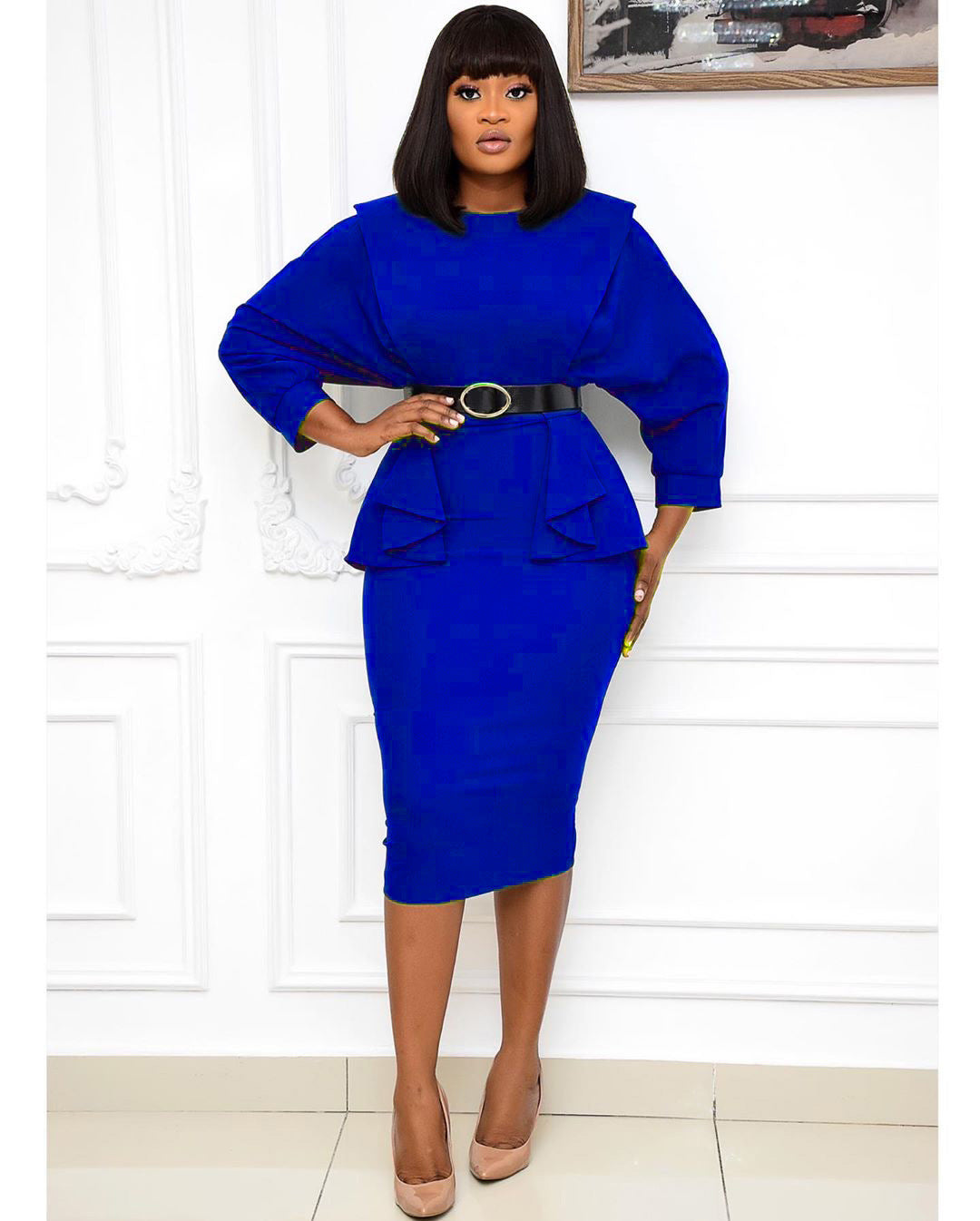 Mid-length solid color high waist dress