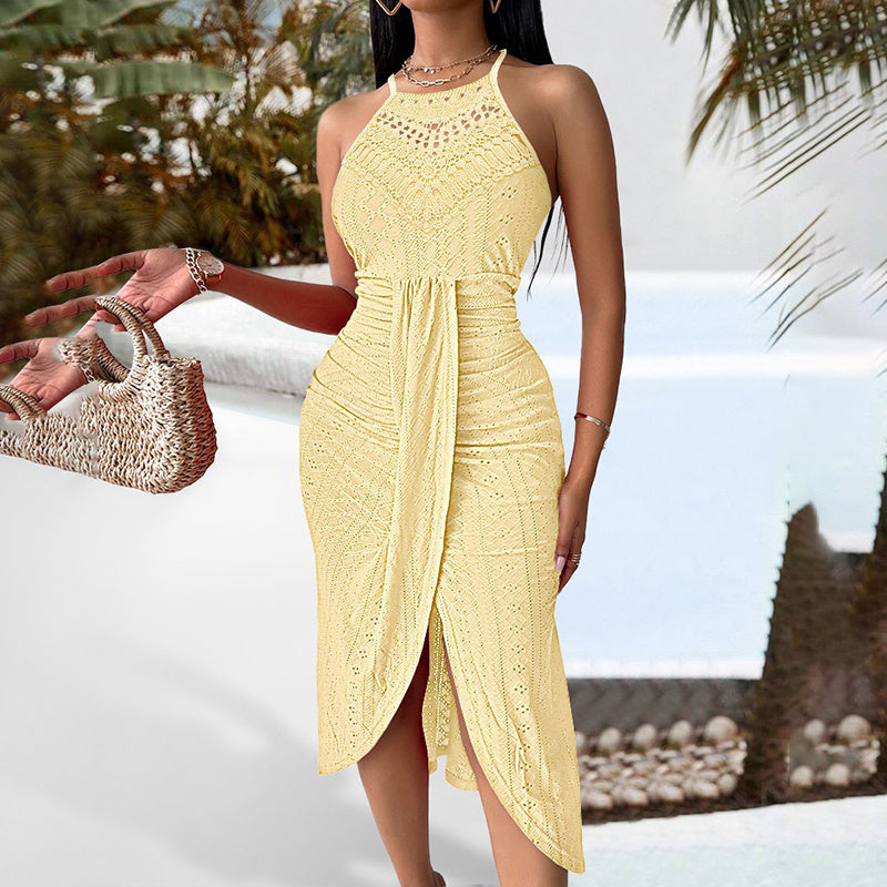 Halter Neck Ruche Bodycon Midi Dress