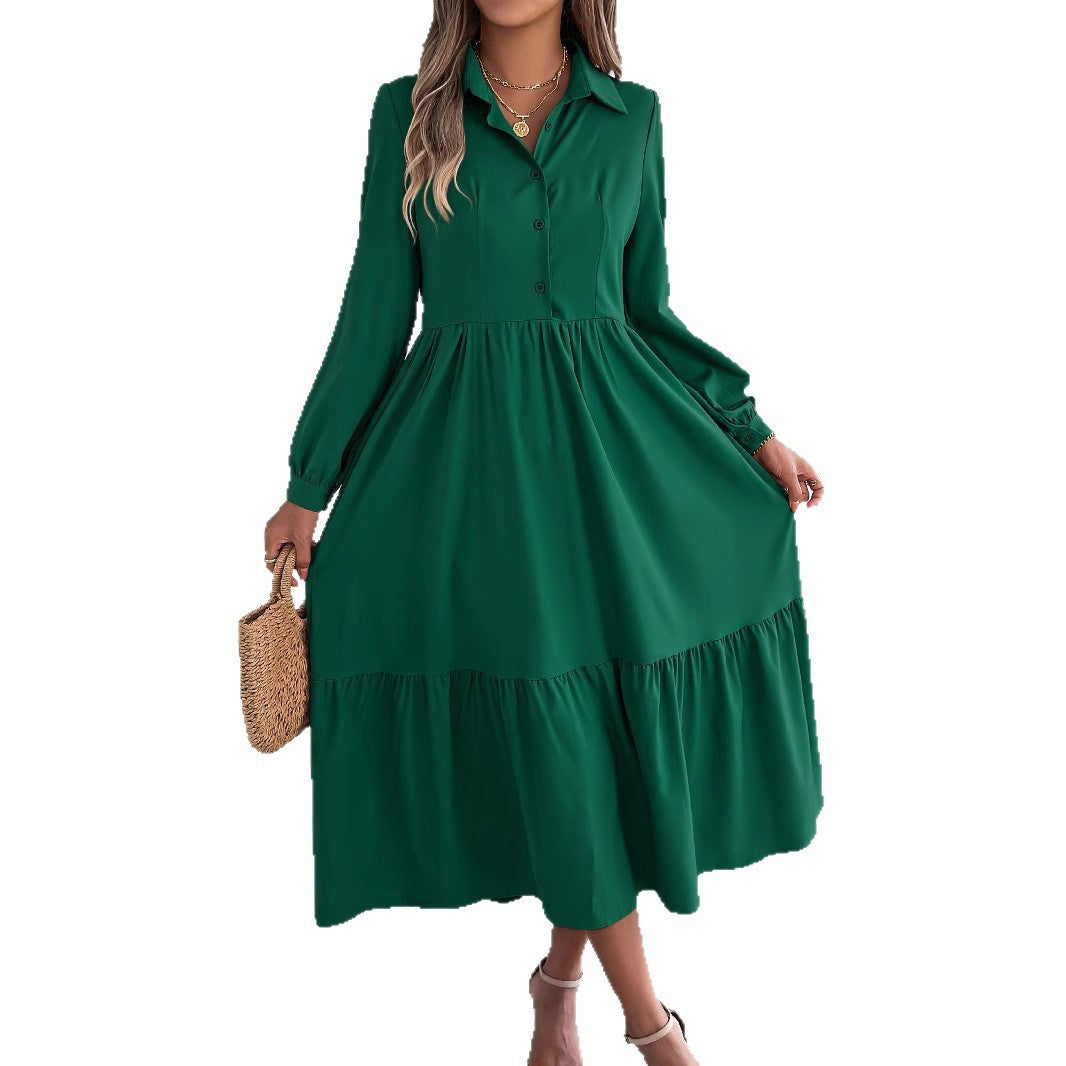 Women's Lapel Casual Loose Long Sleeve Ruffled Shirt Dress