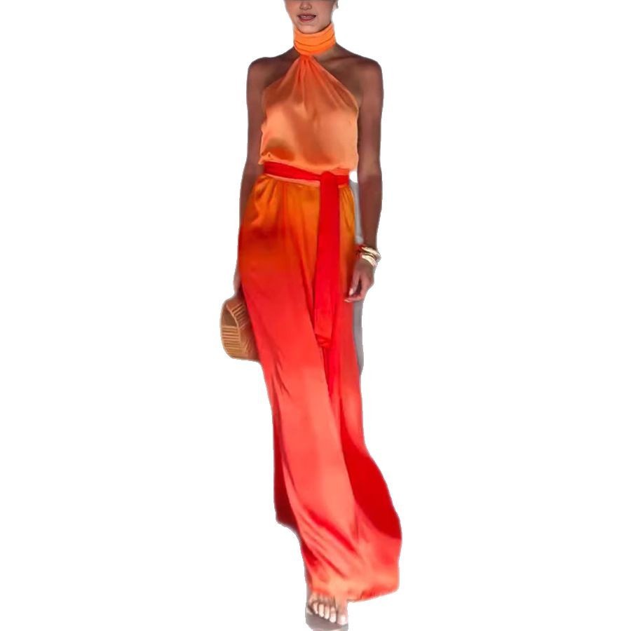 Women's Holiday Lace-up Gradient Halter Sleeveless Sexy Backless Dress