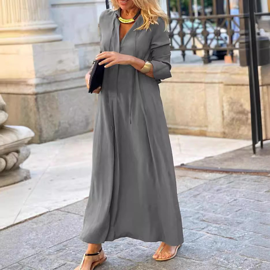 Women's Solid Color And V-neck Long Sleeve Simple Casual Dress