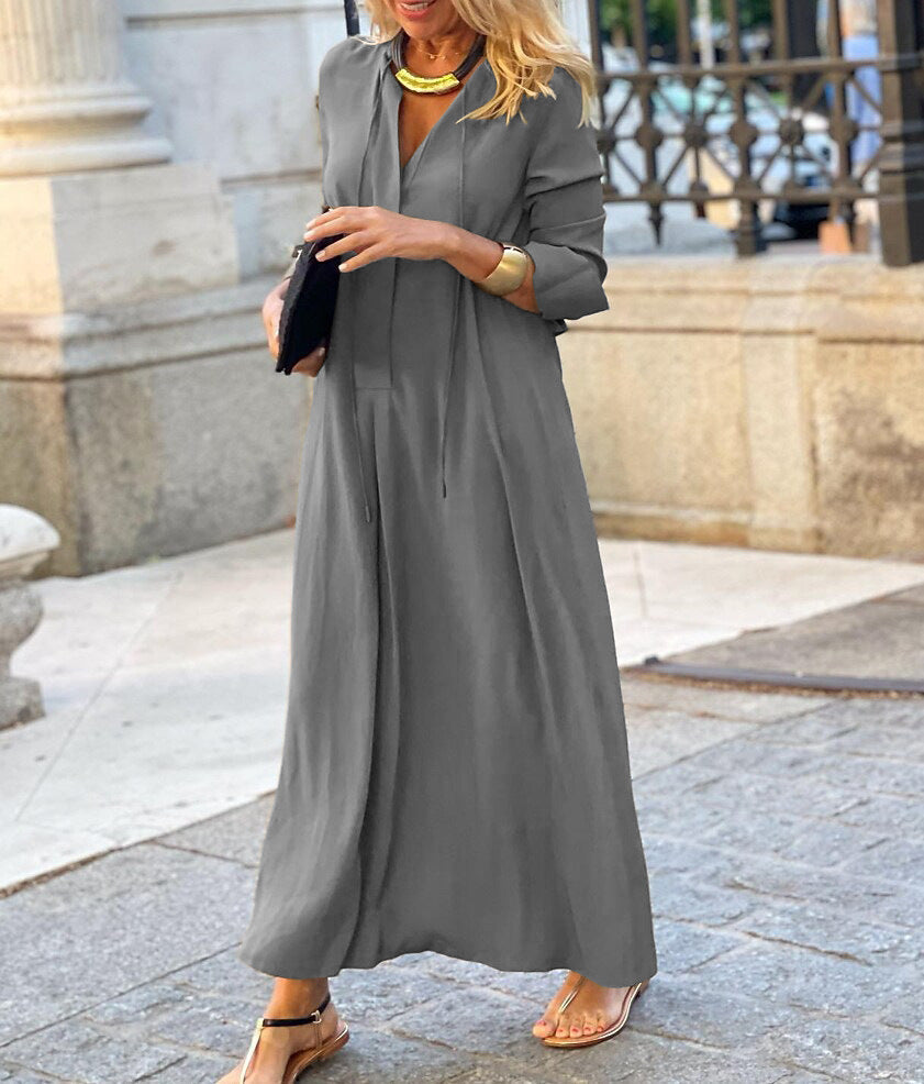 Women's Solid Color And V-neck Long Sleeve Simple Casual Dress