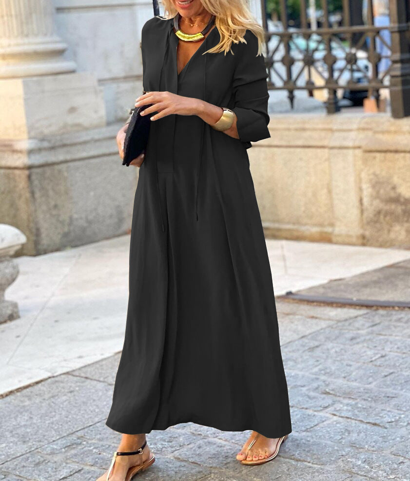 Women's Solid Color And V-neck Long Sleeve Simple Casual Dress