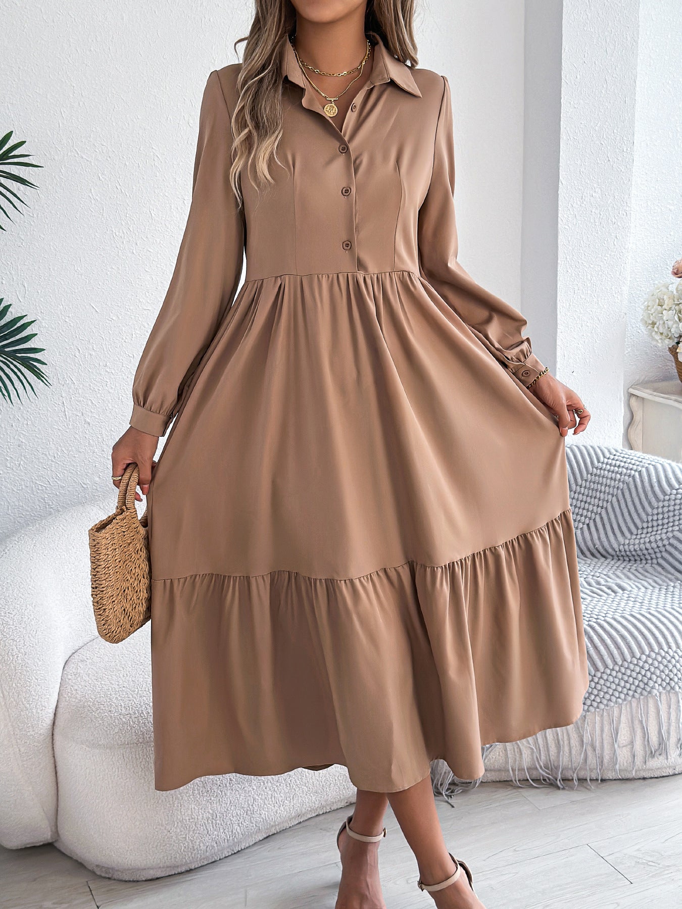 Women's Lapel Casual Loose Long Sleeve Ruffled Shirt Dress