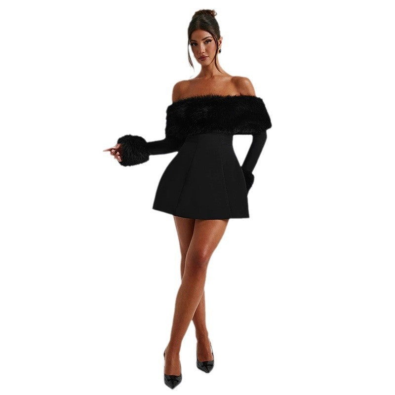 Elegant Sexy Fur Collar Off-shoulder Slim A- Line Dress