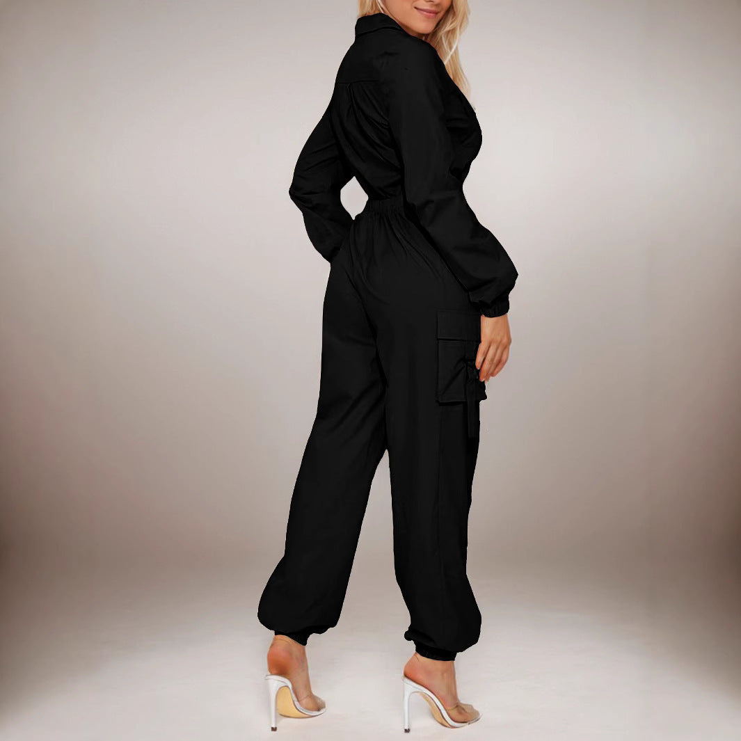 Coveralls Flip Pocket Elastic Waist-tightening Zipper