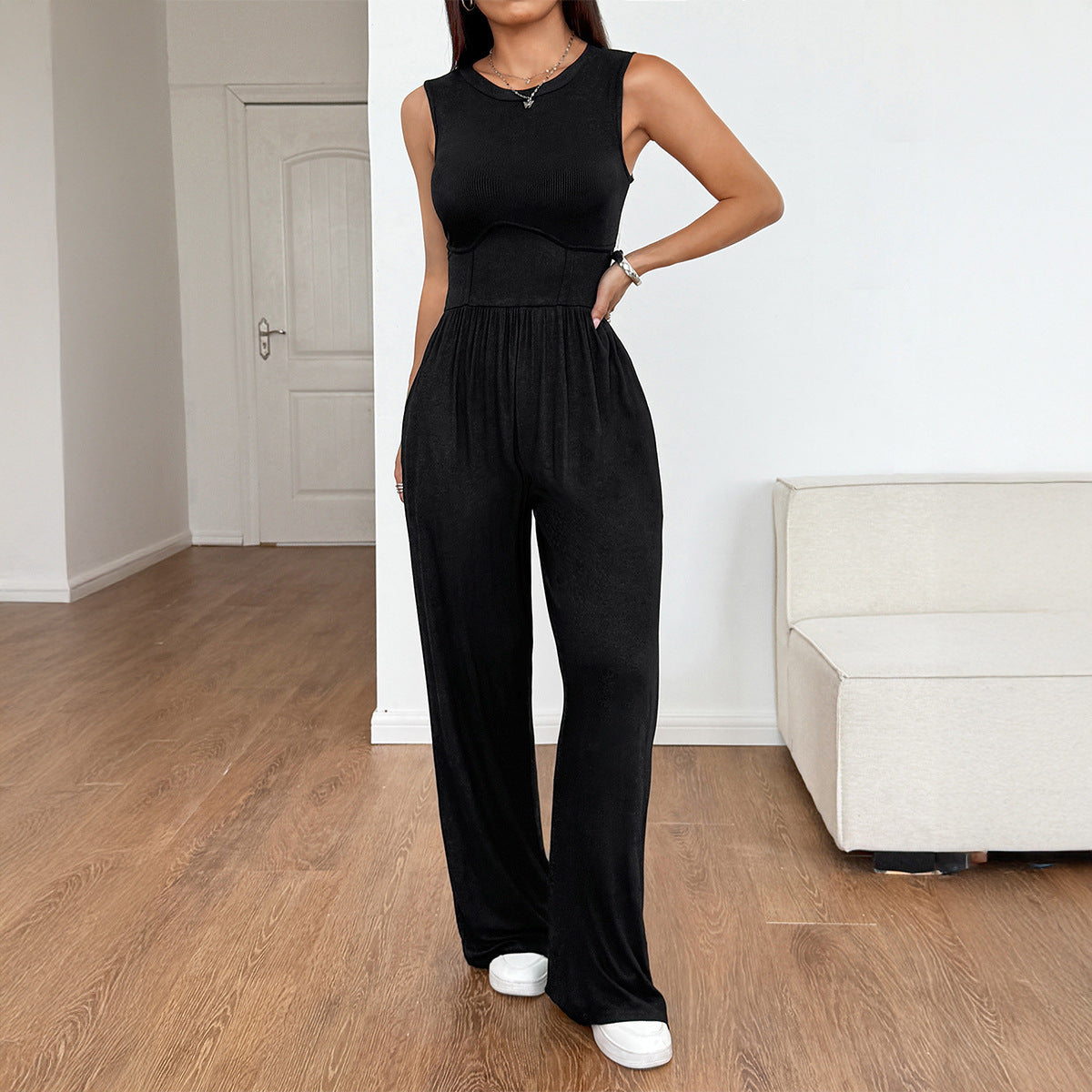 Waist-tied Solid Color Jumpsuit