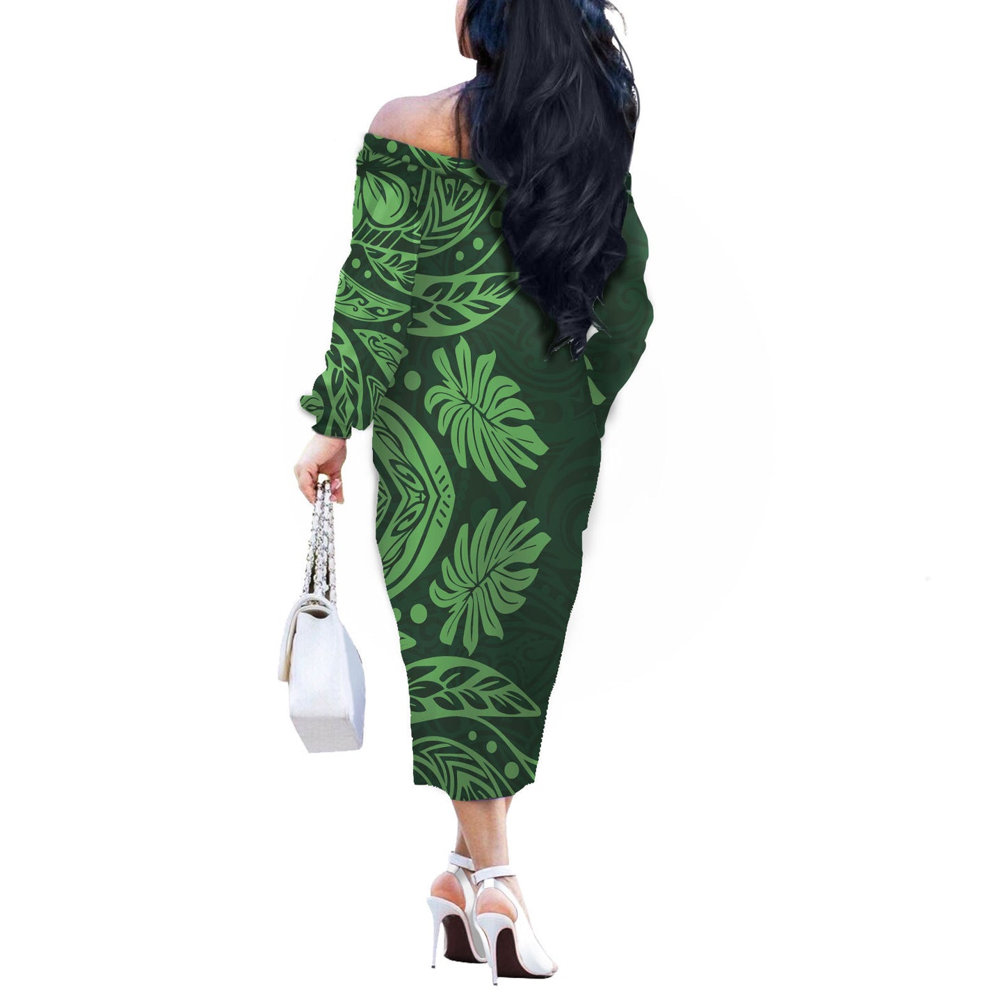 Printed Leaky Shoulder Sexy Waist Long Sleeve Dress