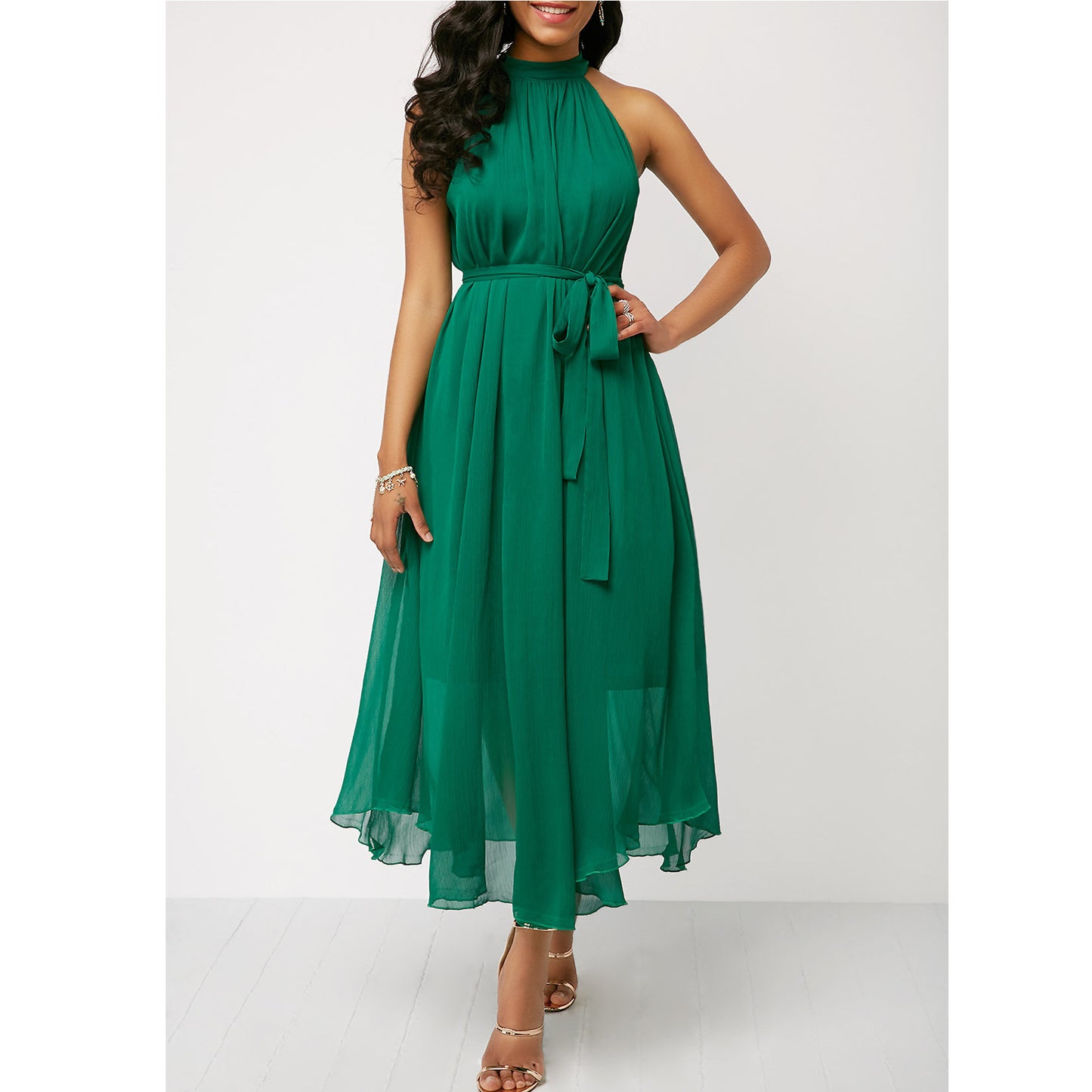 Halt Neck Off Shoulder Chiffon Pleated Dress