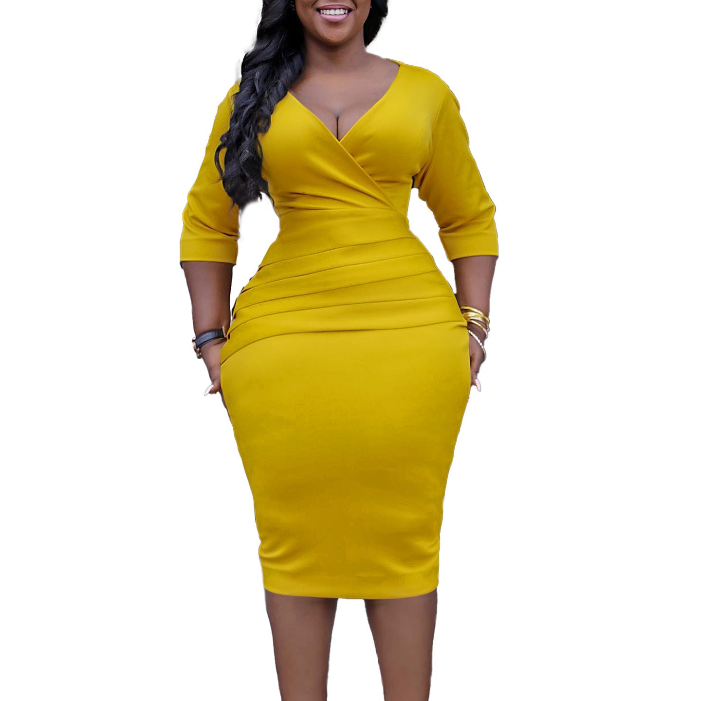 V-neck Temperament Sheath Solid Color Dress