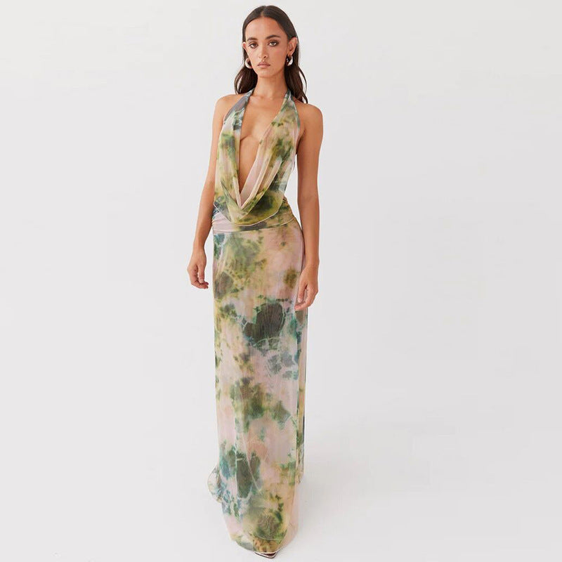 Tie Dye Printing Deep V-neck Halter Backless Long Dresses