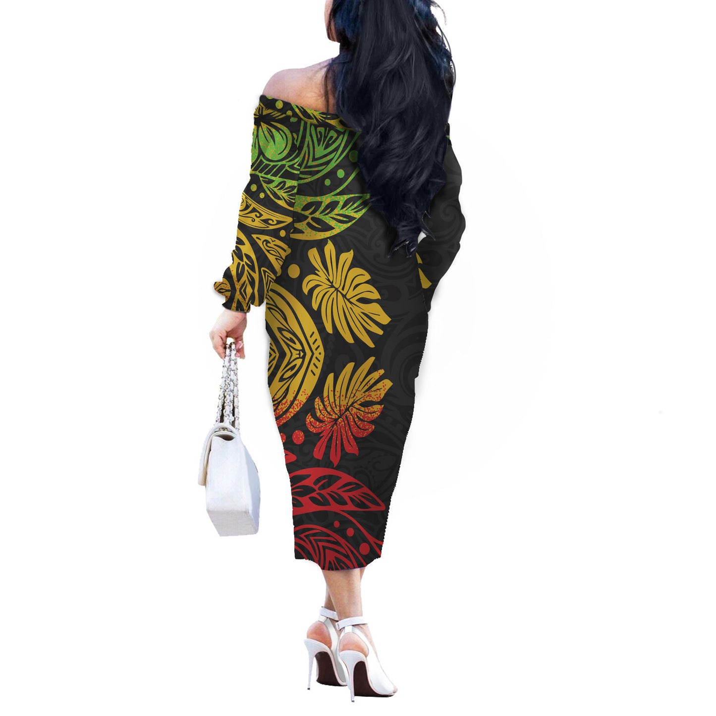 Printed Leaky Shoulder Sexy Waist Long Sleeve Dress