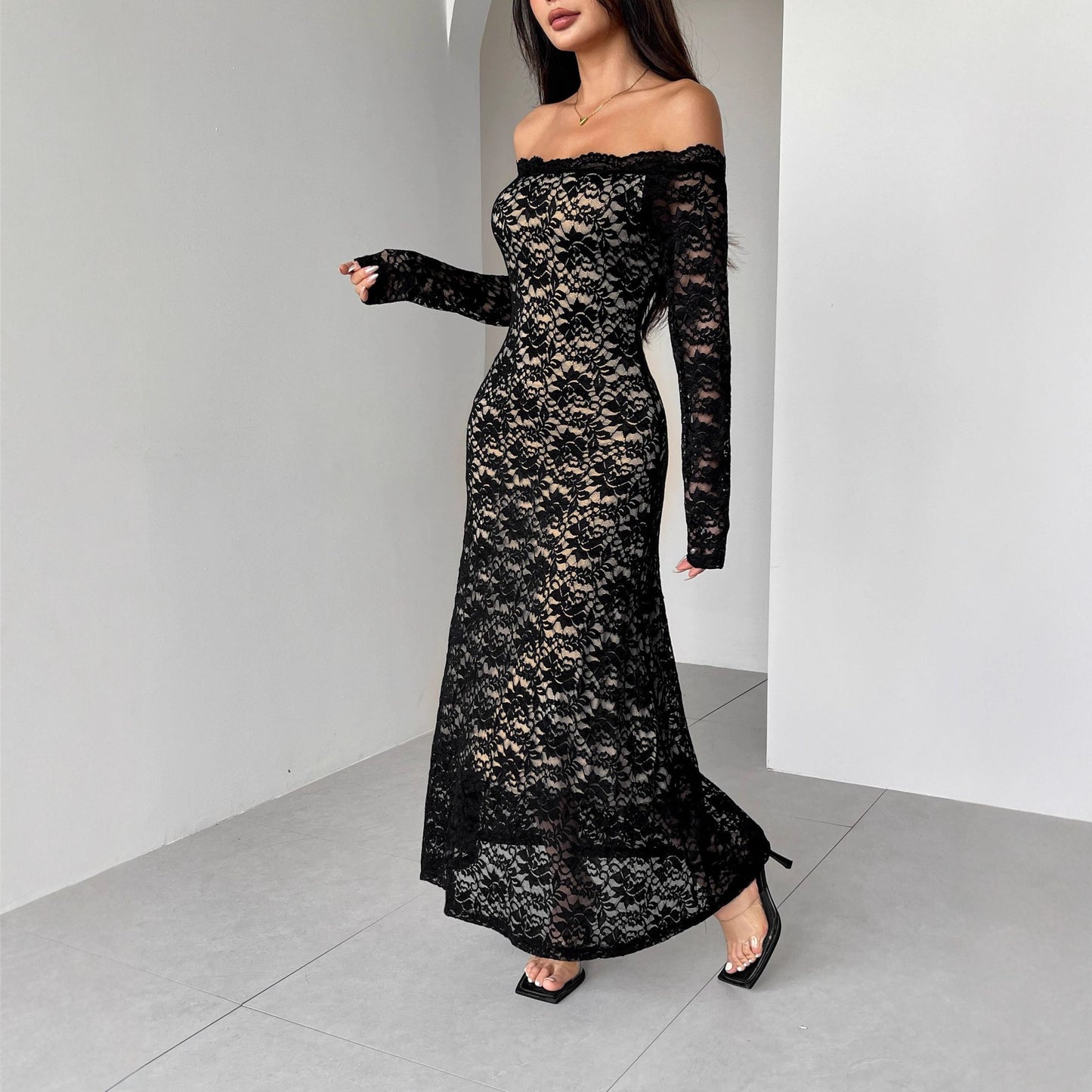 Slim-fit Long Dress With Off-neck Collar