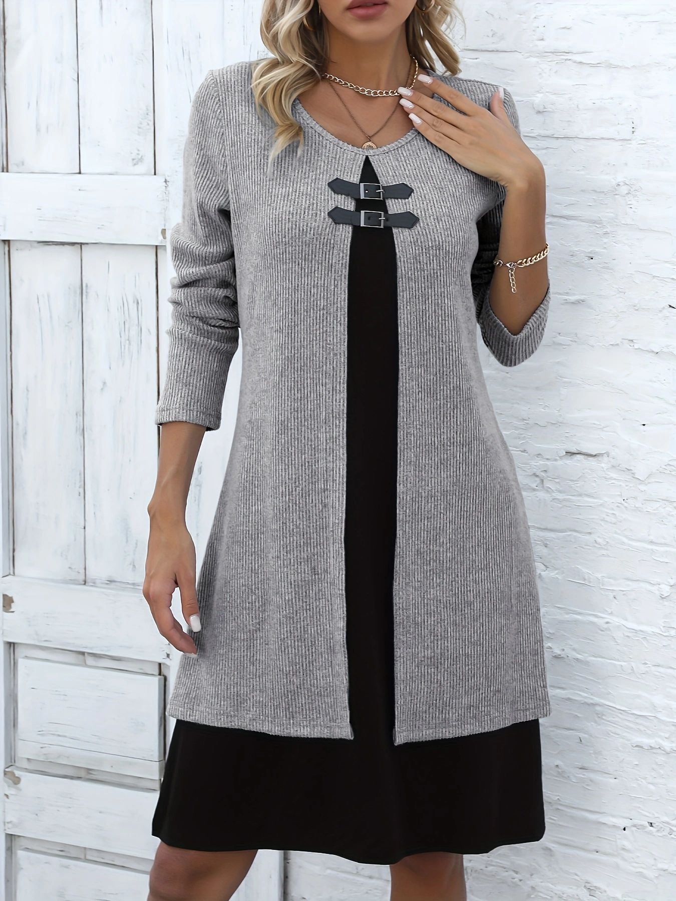 Contrast-color Sweater Dress With Buckle Design