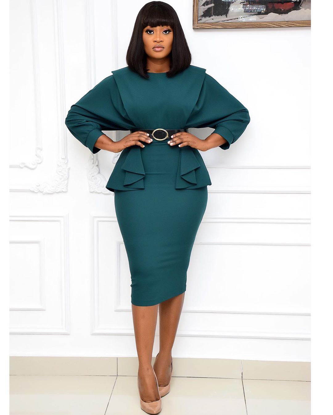 Mid-length solid color high waist dress