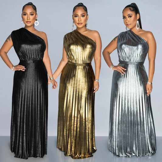 Elegant Bronzing Oblique Solid Color Dress