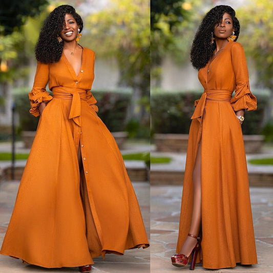 V Neck Puff Sleeves Button Sashes Casual Dress