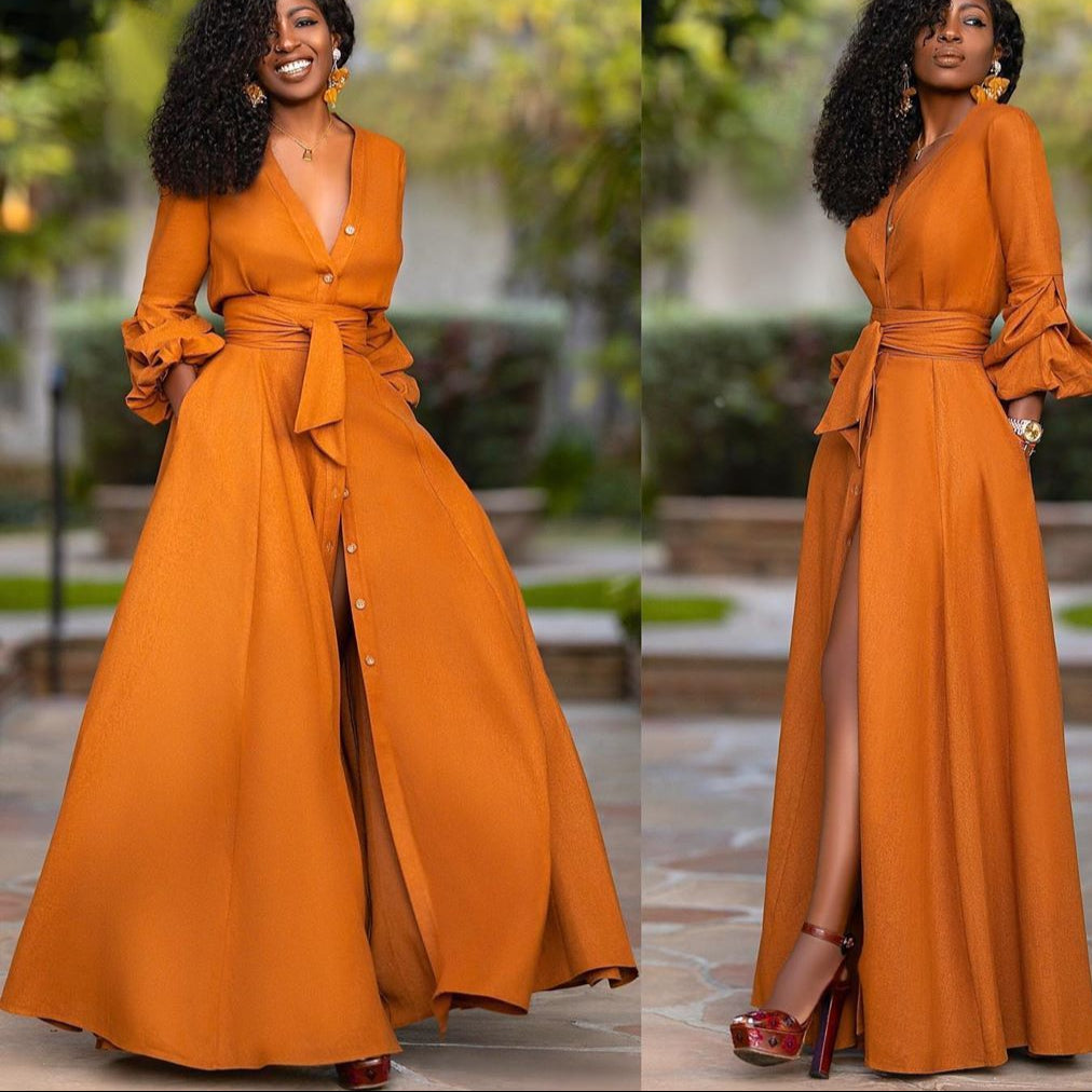 V Neck Puff Sleeves Button Sashes Casual Dress