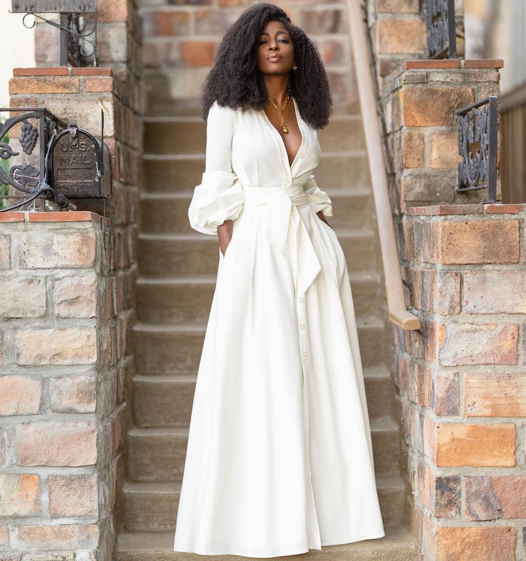 V Neck Puff Sleeves Button Sashes Casual Dress