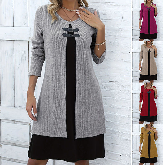 Contrast-color Sweater Dress With Buckle Design