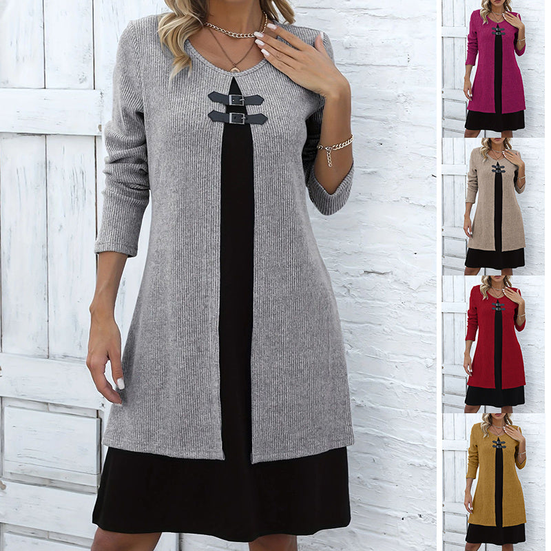 Contrast-color Sweater Dress With Buckle Design