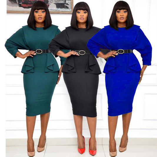 Mid-length solid color high waist dress