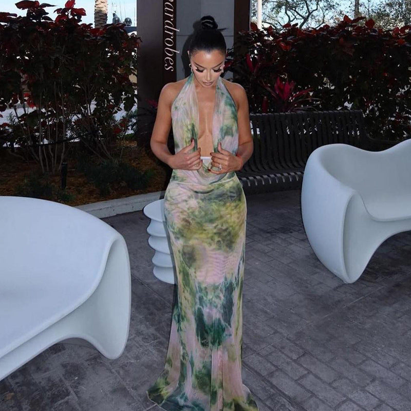 Tie Dye Printing Deep V-neck Halter Backless Long Dresses