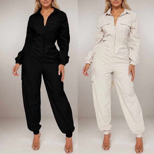 Coveralls Flip Pocket Elastic Waist-tightening Zipper