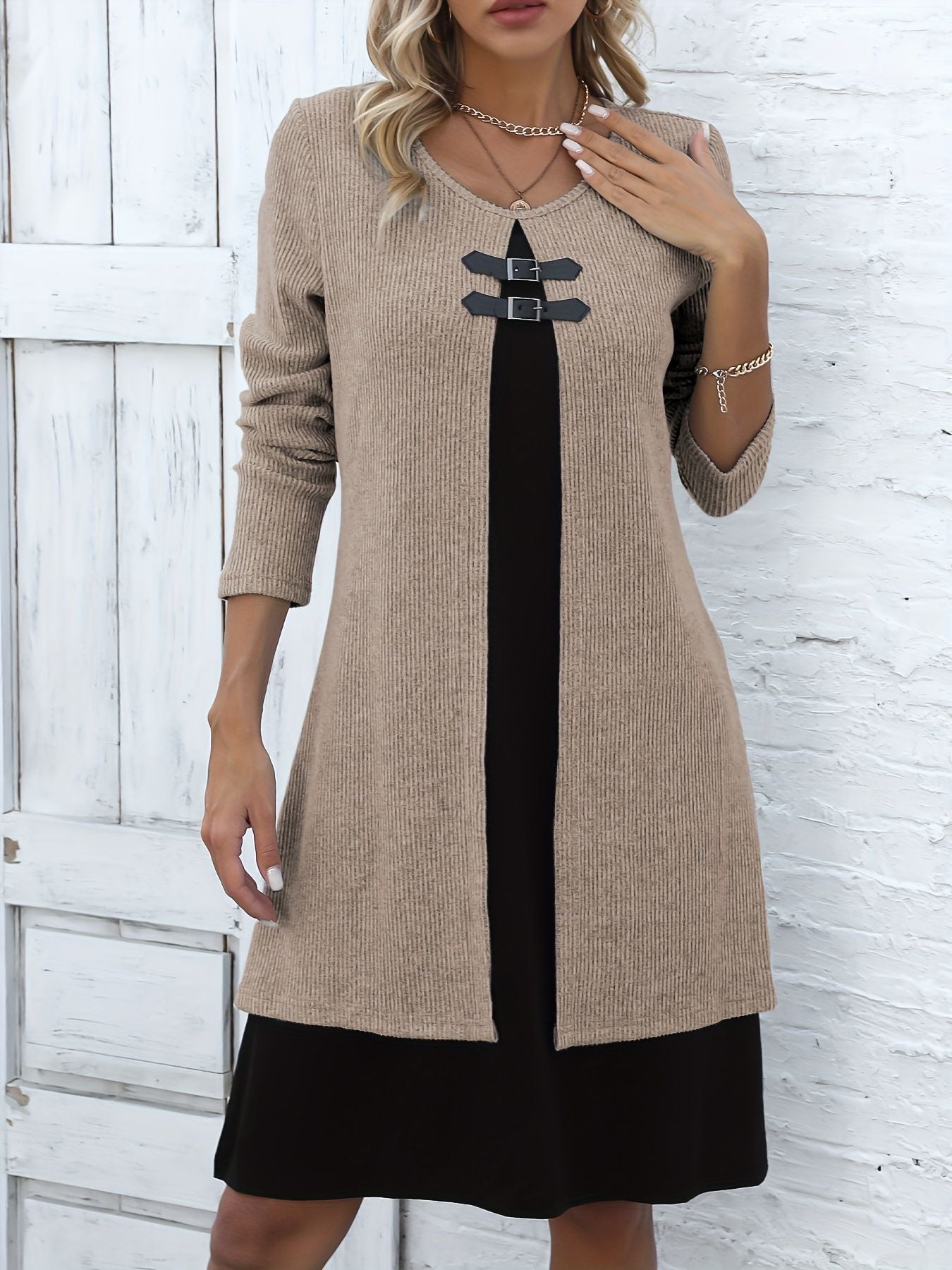 Contrast-color Sweater Dress With Buckle Design