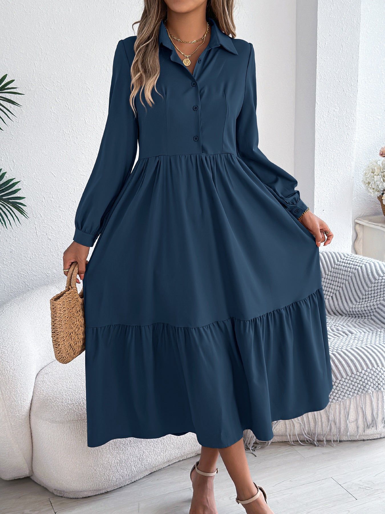 Women's Lapel Casual Loose Long Sleeve Ruffled Shirt Dress