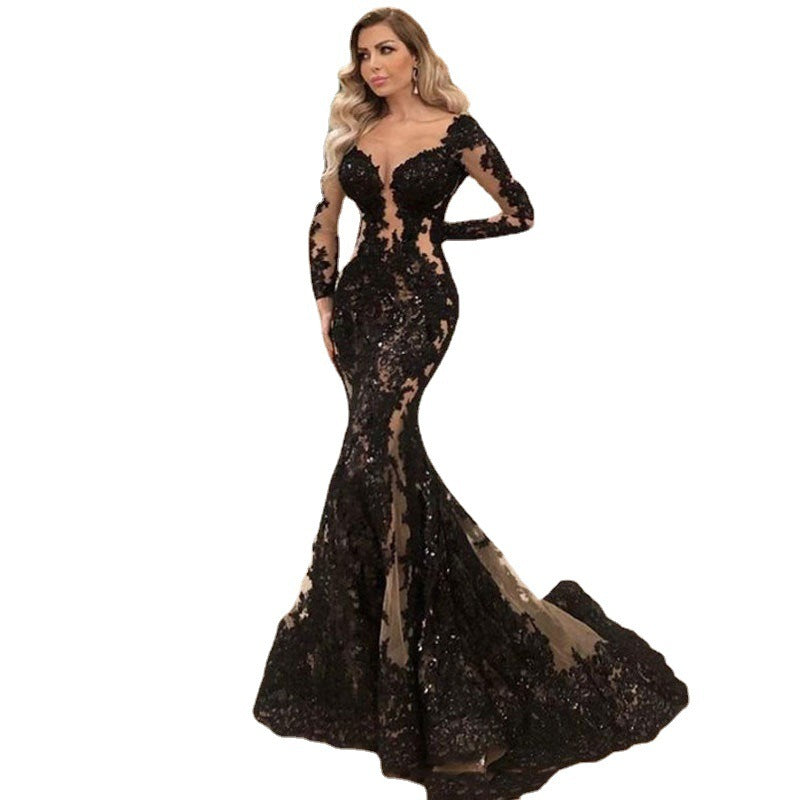 Lace Long-sleeved Mermaid Slim Evening Dress