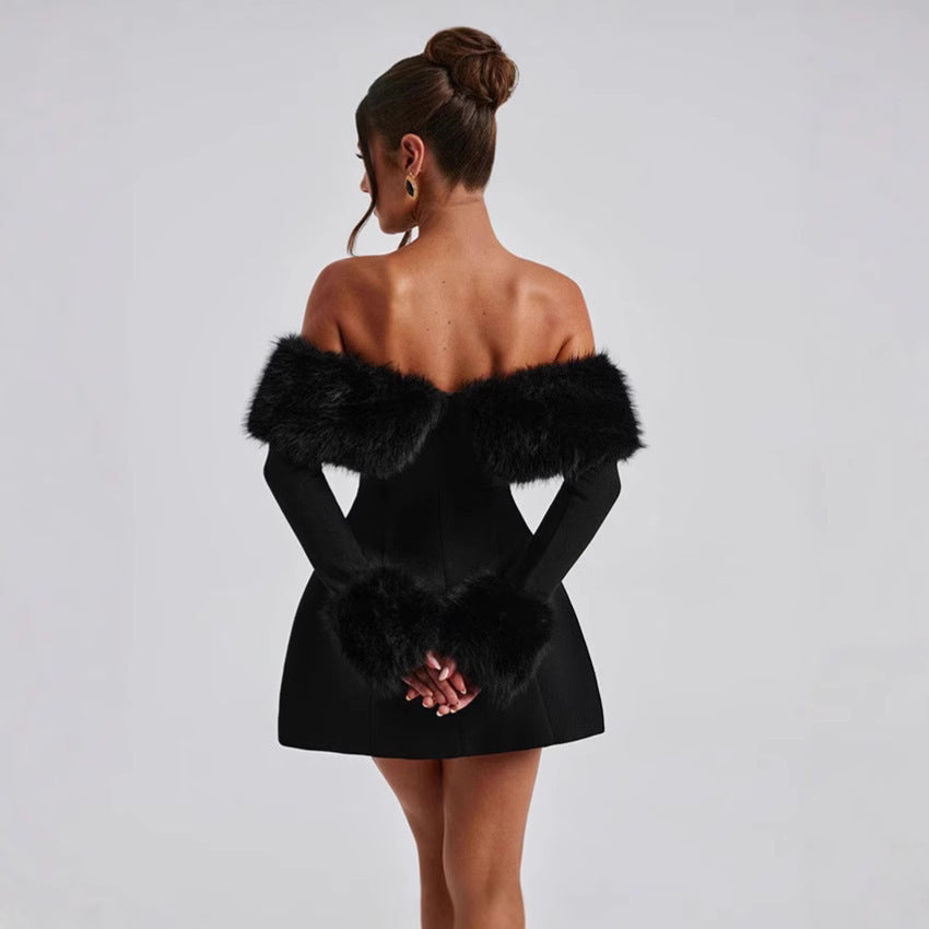 Elegant Sexy Fur Collar Off-shoulder Slim A- Line Dress
