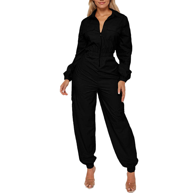 Coveralls Flip Pocket Elastic Waist-tightening Zipper