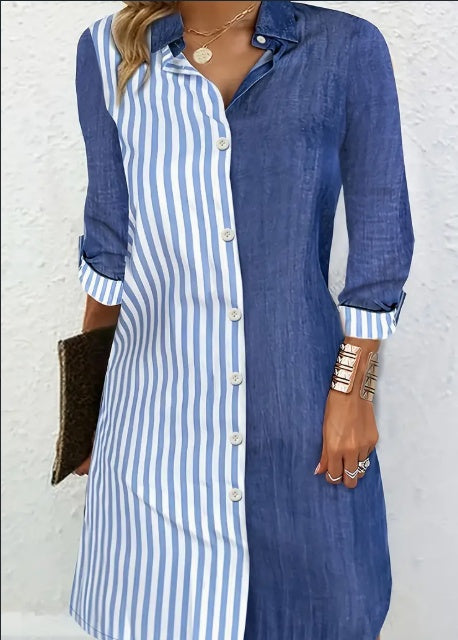 Stylish Striped Print Color Block Shirt Dress