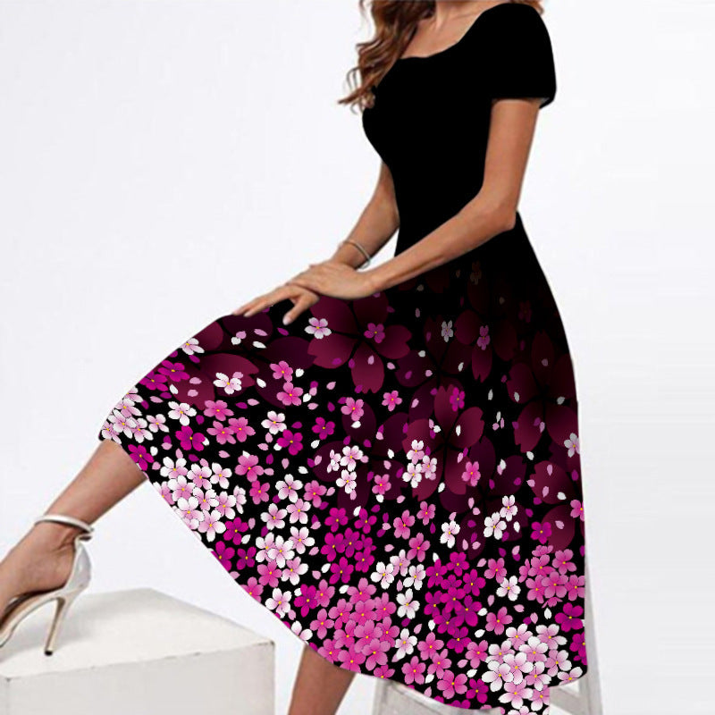 Women's Round Neck Print Swing Dress