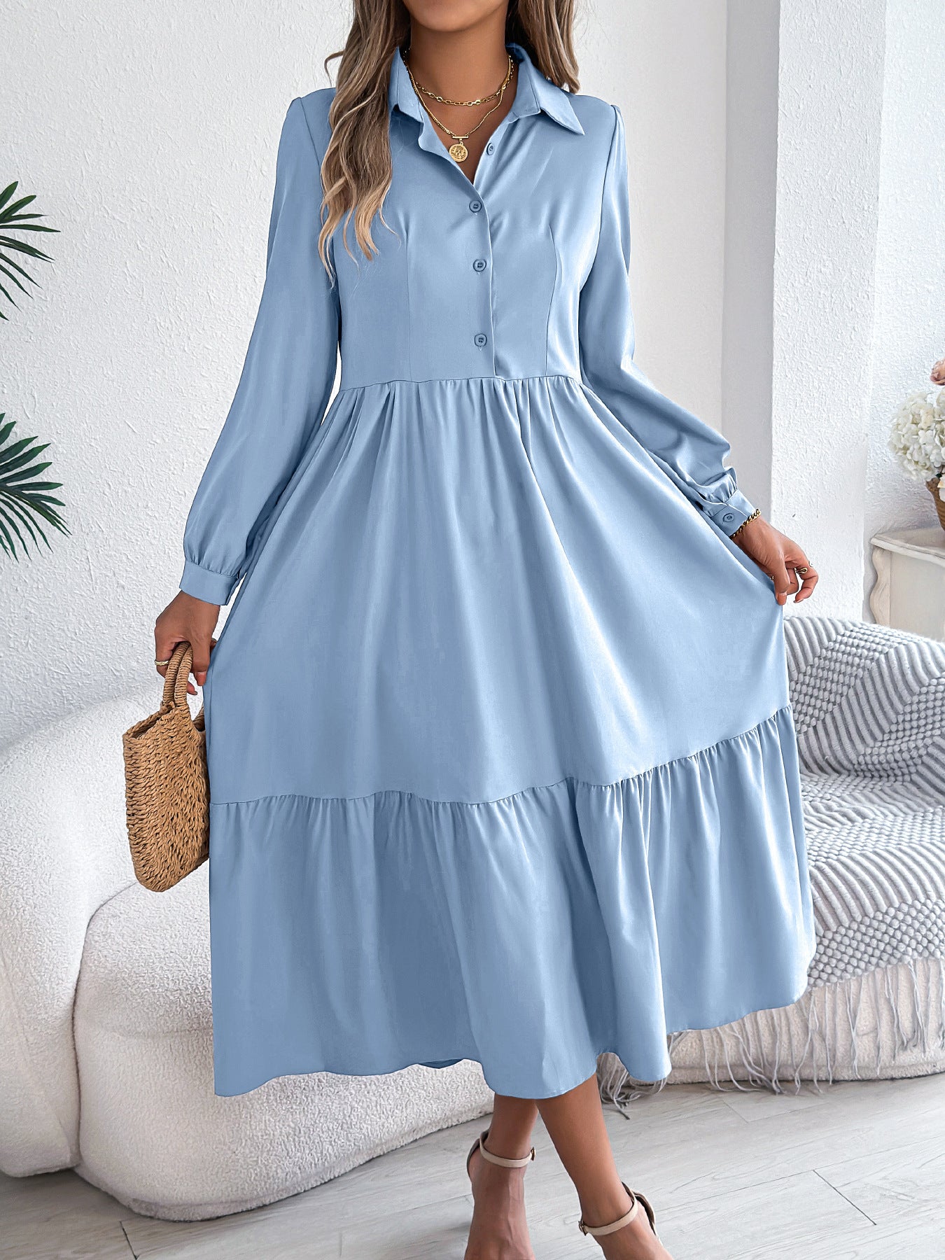 Women's Lapel Casual Loose Long Sleeve Ruffled Shirt Dress