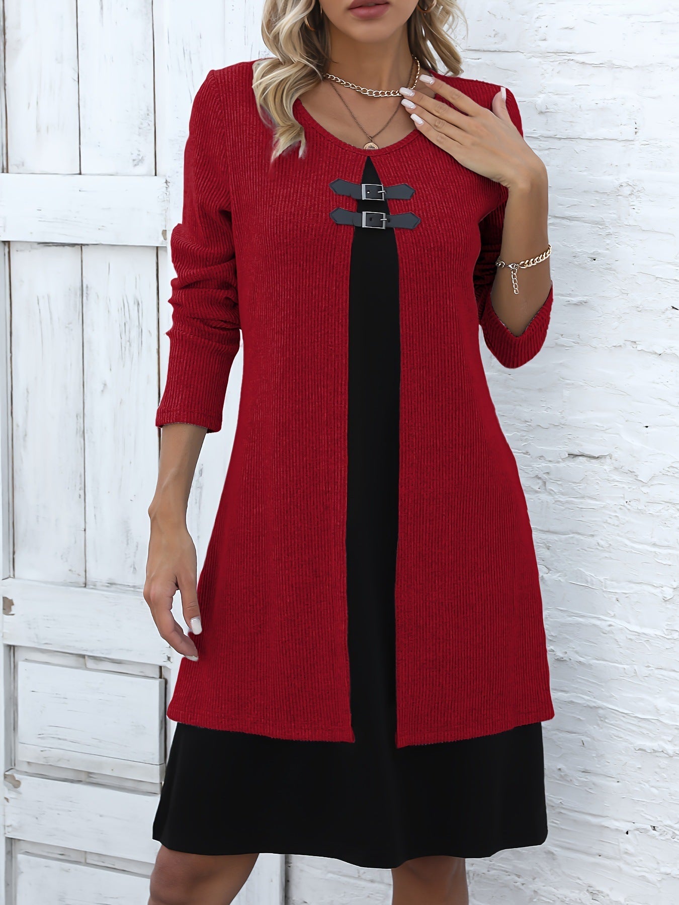 Contrast-color Sweater Dress With Buckle Design