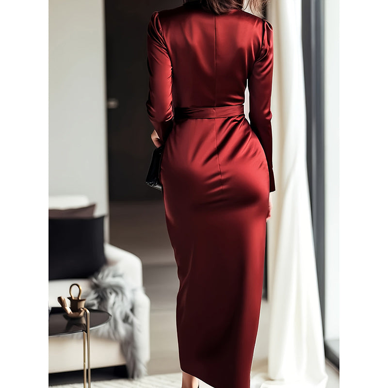 V-Neck Long Sleeve Bodycon Dress with Belted Waist
