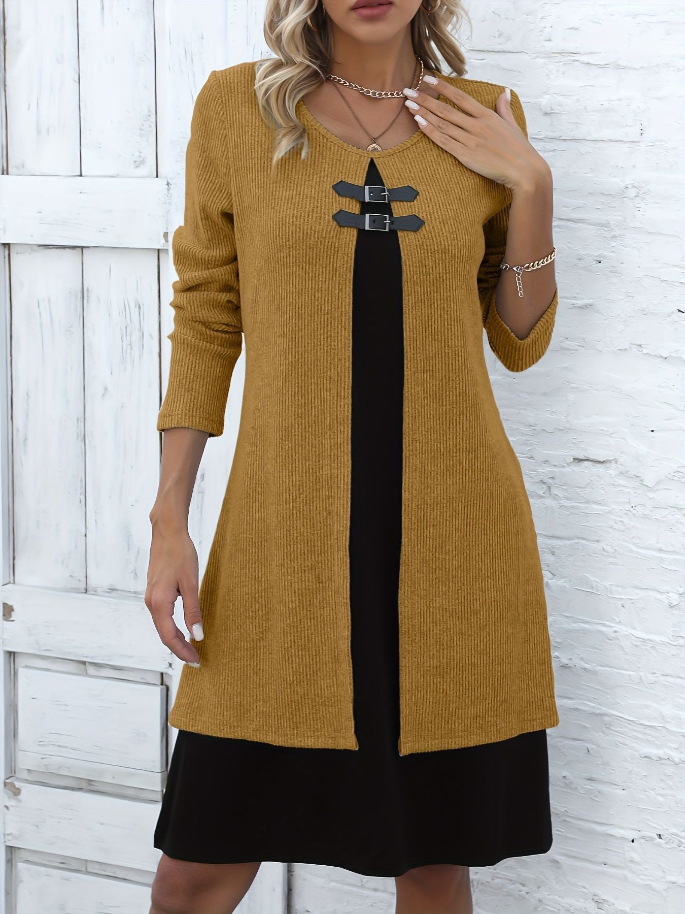 Contrast-color Sweater Dress With Buckle Design